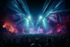 Ai generative Crowded Concert Stage Scenery With Spotlights and Colored Lights realistic image, ultra hd photo