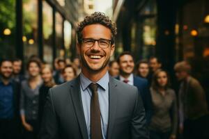 Ai Generative group of happy business man and business women, dressed in suits are smiling, in the office photo