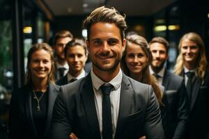 Ai Generative group of happy business man and business women, dressed in suits are smiling, in the office photo