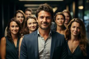 Ai Generative group of happy business man and business women, dressed in suits are smiling, in the office photo