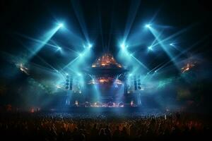 Ai generative Crowded Concert Stage Scenery With Spotlights and Colored Lights realistic image, ultra hd photo