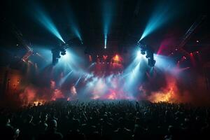 Ai generative Crowded Concert Stage Scenery With Spotlights and Colored Lights realistic image, ultra hd photo