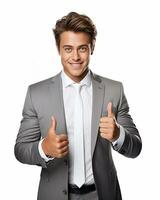 Ai generative photo business concept portrait of excited man dressed in formal wear giving thumbs up