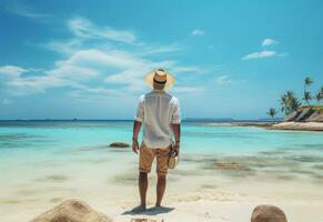 Ai generative back view young tourist man in summer dress and hat standing on beautiful sandy beach. enjoying. photo