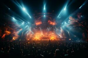 Ai generative Crowded Concert Stage Scenery With Spotlights and Colored Lights realistic image, ultra hd photo