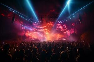 Ai generative Crowded Concert Stage Scenery With Spotlights and Colored Lights realistic image, ultra hd photo