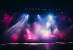 Ai generative Concert Stage Scenery With Spotlights Colored Lights Smoke photo