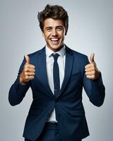 Ai generative photo business concept portrait of excited man dressed in formal wear giving thumbs up