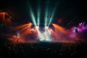 Ai generative Crowded Concert Stage Scenery With Spotlights and Colored Lights realistic image, ultra hd photo