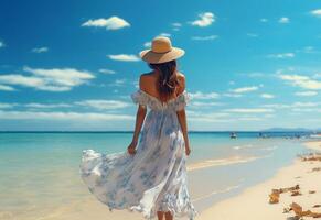 Ai generative young tourist woman in summer dress and hat standing on beautiful sandy beach. Cute girl enjoying photo