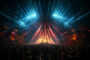 Ai generative Crowded Concert Stage Scenery With Spotlights and Colored Lights realistic image, ultra hd photo