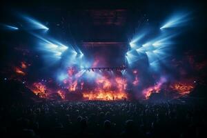 Ai generative Crowded Concert Stage Scenery With Spotlights and Colored Lights realistic image, ultra hd photo