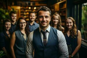 ai generativo grupo de contento negocio hombre y negocio mujer, vestido en trajes son sonriente, en el oficina foto