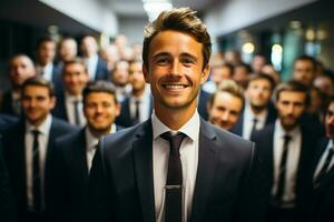 Ai Generative group of happy business man and business women, dressed in suits are smiling, in the office photo