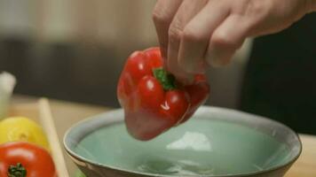 professionell kock förbereder och nedskärningar röd klocka peppar. stänga upp långsam rörelse video