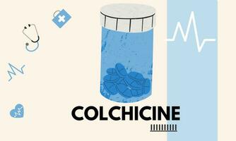 Colchicine tablet close up of medication used to treat gout and Behcet disease, pericarditis, familial mediterranean fever. Vector illustration