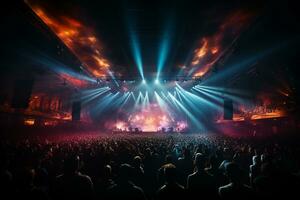 Ai generative Crowded Concert Stage Scenery With Spotlights and Colored Lights realistic image, ultra hd photo