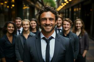 Ai Generative group of happy business man and business women, dressed in suits are smiling, in the office photo