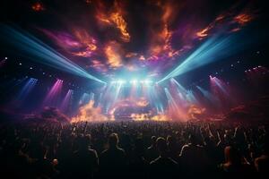 Ai generative Crowded Concert Stage Scenery With Spotlights and Colored Lights realistic image, ultra hd photo