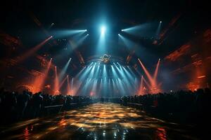 Ai generative Crowded Concert Stage Scenery With Spotlights and Colored Lights realistic image, ultra hd photo