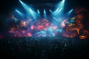 Ai generative Crowded Concert Stage Scenery With Spotlights and Colored Lights realistic image, ultra hd photo