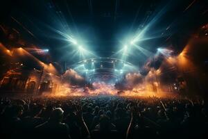 Ai generative Crowded Concert Stage Scenery With Spotlights and Colored Lights realistic image, ultra hd photo