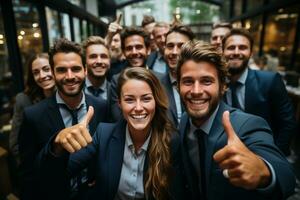 ai generativo grupo de contento negocio hombre y negocio mujer, vestido en trajes son sonriente, en el oficina foto