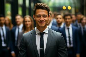 Ai Generative group of happy business man and business women, dressed in suits are smiling, in the office photo