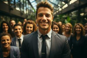 Ai Generative group of happy business man and business women, dressed in suits are smiling, in the office photo