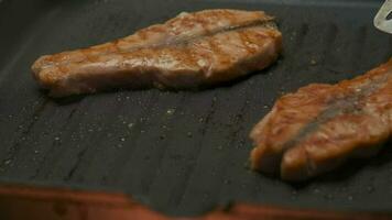 schließen oben Fachmann Koch Grillen rot Fisch Filet Steak. schleppend Bewegung video