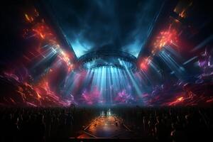 Ai generative Crowded Concert Stage Scenery With Spotlights and Colored Lights realistic image, ultra hd photo