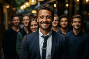 Ai Generative group of happy business man and business women, dressed in suits are smiling, in the office photo