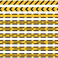 Warning tape set. Horizontal seamless borders. Black and yellow line striped. Vector illustration