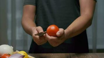 A professional chef cuts a tomato while holding it. Close up slow motion. video