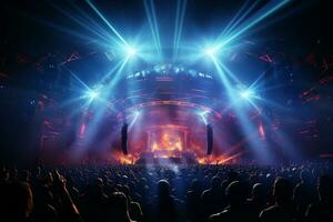 Ai generative Crowded Concert Stage Scenery With Spotlights and Colored Lights realistic image, ultra hd photo