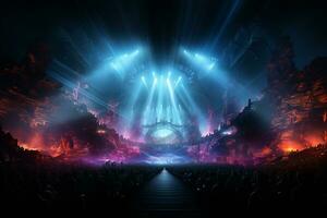 Ai generative Crowded Concert Stage Scenery With Spotlights and Colored Lights realistic image, ultra hd photo