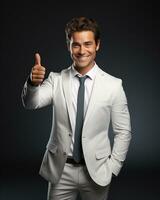 Ai generative photo business concept portrait of excited man dressed in formal wear giving thumbs up