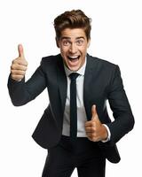 Ai generative photo business concept portrait of excited man dressed in formal wear giving thumbs up