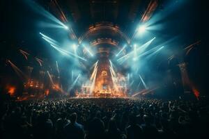 Ai generative Crowded Concert Stage Scenery With Spotlights and Colored Lights realistic image, ultra hd photo