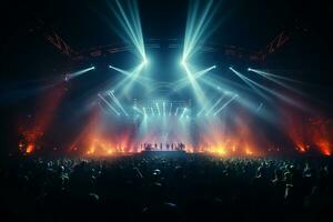 Ai generative Crowded Concert Stage Scenery With Spotlights and Colored Lights realistic image, ultra hd photo