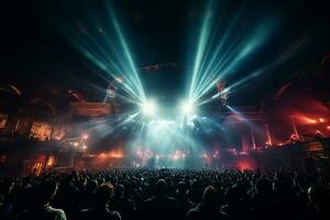 Ai generative Crowded Concert Stage Scenery With Spotlights and Colored Lights realistic image, ultra hd photo