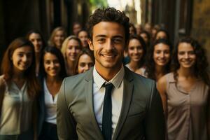 Ai Generative group of happy business man and business women, dressed in suits are smiling, in the office photo