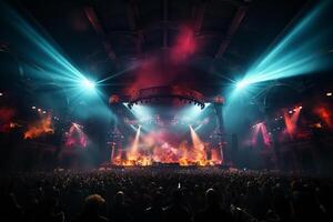 Ai generative Crowded Concert Stage Scenery With Spotlights and Colored Lights realistic image, ultra hd photo