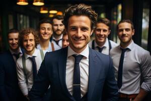 Ai Generative group of happy business man and business women, dressed in suits are smiling, in the office photo