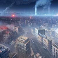 twilight in a futuristic city, evening metropolis, image in blue tones, AI generated photo
