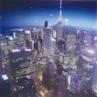 crepúsculo en un futurista ciudad, noche metrópoli, imagen en azul tonos, ai generado foto
