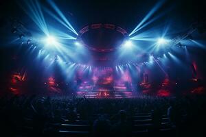 Ai generative Crowded Concert Stage Scenery With Spotlights and Colored Lights realistic image, ultra hd photo