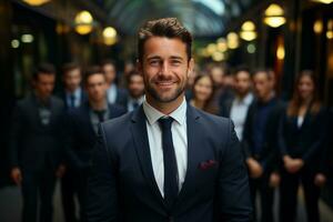 Ai Generative group of happy business man and business women, dressed in suits are smiling, in the office photo