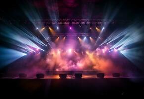 Ai generative Concert Stage Scenery With Spotlights Colored Lights Smoke photo