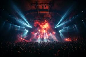 Ai generative Crowded Concert Stage Scenery With Spotlights and Colored Lights realistic image, ultra hd photo